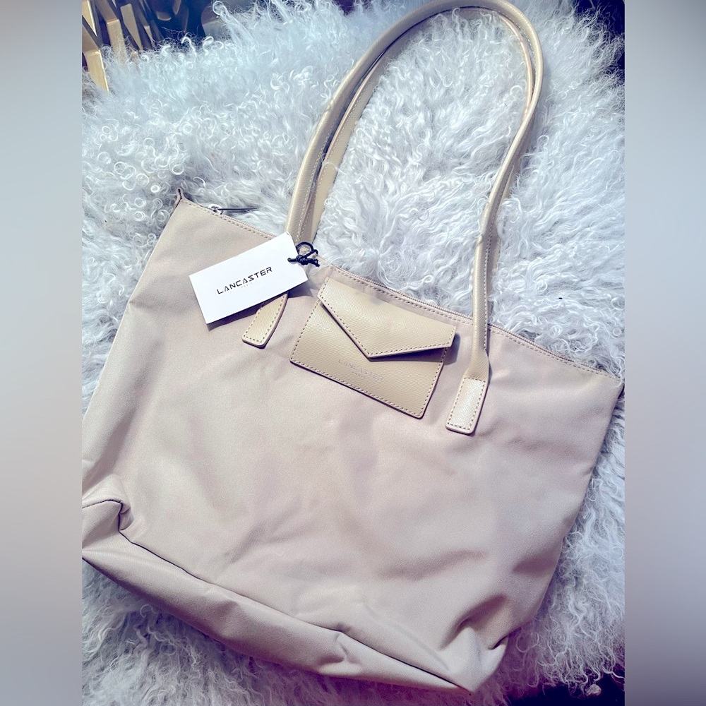 Lancaster Paris Gray Canvas Nylon Leather Trim Handbag Tote Satchel